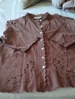 Scalloped Eyelet Button-Front Brown Linen Top
